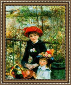 Auguste Framed Paintings - Two Sisters on the Terrace by Pierre Auguste Renoir