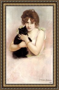 Ballerina Framed Paintings - Young Ballerina holding a Black Cat by Pierre Carrier-Belleuse
