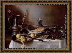 Still Life of Marigolds in a Westerwald Jug Framed Paintings - A Still Life With A Jan-Steen Jug by Pieter Claesz