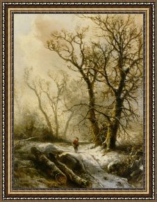 Landscape with Figure Framed Paintings - A Figure in a Snowy Forest Landscape by Pieter Lodewijk Francisco Kluyver