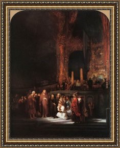 St Augustine Washing The Feet of Christ Framed Paintings - Christ and the Woman Taken in Adultery by Rembrandt