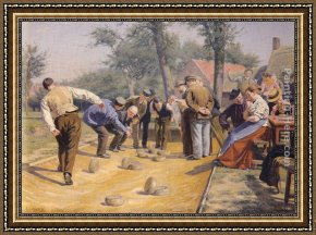 Town Square Framed Paintings - A Game of Bowls in the Village Square by Remy Cogghe