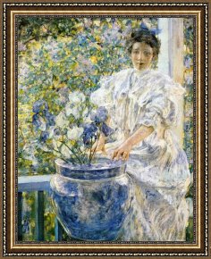 Reid Framed Paintings - Woman on a Porch with Flowers by Robert Reid