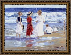 Puffins Over Sea Framed Paintings - By the Sea by Sally Swatland