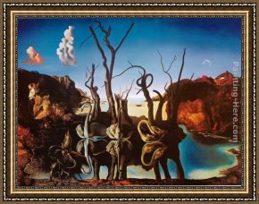Leda And The Swan Framed Paintings - Swans Reflecting Elephants by Salvador Dali