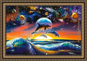 Puffins Over Sea Framed Paintings - Dolphin Universe by Sea life