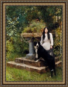 Herkomer Framed Paintings - A Young Girl And Her Dog by Sir Hubert von Herkomer