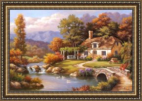 Cottage Stream Framed Paintings - Cottage Stream by Sung Kim
