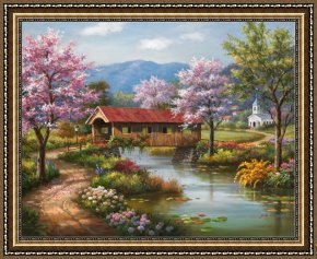 Promise of Spring Framed Paintings - Covered Bridge in Spring by Sung Kim