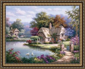 Cottage Stream Framed Paintings - Swan Cottage I by Sung Kim