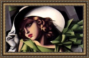 Calla-green Framed Paintings - Girl in a Green Dress detail by Tamara de Lempicka