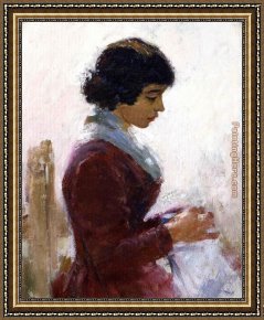 Girl with Red Hair Framed Paintings - Girl in Red Sewing by Theodore Robinson