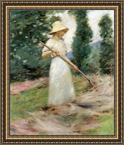 The Hay Wain Framed Paintings - Girl Raking Hay by Theodore Robinson