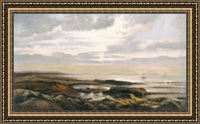 Seascape on a Cliff with Boat And Sunset Framed Paintings - Seascape with a boat on the horizon by Theodore Rousseau