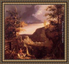 Lake Como Framed Paintings - Daniel Boone Sitting at the Door of His Cabin on the Great Osage Lake, Kentucky by Thomas Cole