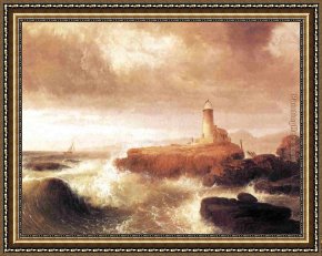Doughty Framed Paintings - Desert Rock Lighthouse by Thomas Doughty