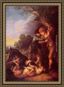 A Dog And Her Puppies Framed Paintings - Shepherd Boys with Dogs Fighting by Thomas Gainsborough