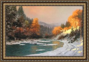 Thomas Kinkade Framed Paintings - Autumn Snow by Thomas Kinkade