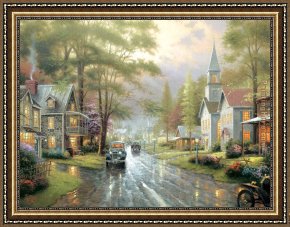 Evening Mood Framed Paintings - HOMETOWN EVENING by Thomas Kinkade