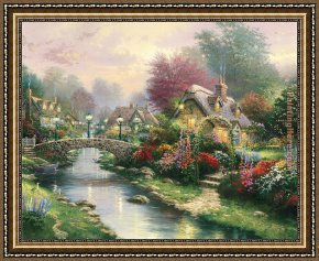 Waterlilies And Japanese Bridge Framed Paintings - Lamplight bridge by Thomas Kinkade