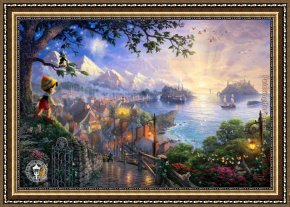 Under The Stars Framed Paintings - Pinocchio Wishes Upon a Star by Thomas Kinkade