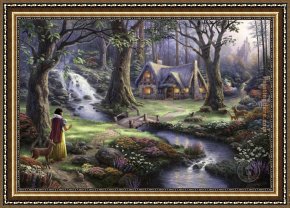 Cottage Stream Framed Paintings - Snow White discovers the cottage by Thomas Kinkade