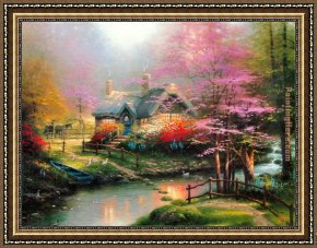 Cottage Stream Framed Paintings - Stepping Stone Cottage by Thomas Kinkade
