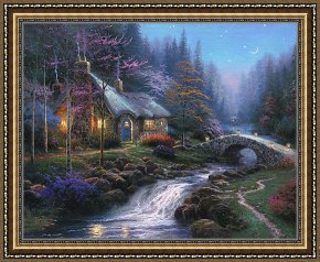 Cottage Stream Framed Paintings - Twilight Cottage by Thomas Kinkade