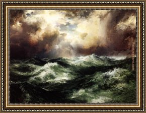 Seascape on a Cliff with Boat And Sunset Framed Paintings - Moonlit Seascape by Thomas Moran