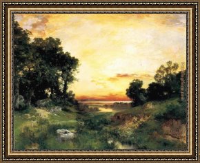 Sunday Afternoon on The Island of La Grande Jatte Framed Paintings - Sunset, Long Island Sound by Thomas Moran