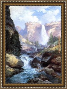 Yosemite Valley Yellowstone Park Framed Paintings - Waterfall in Yosemite by Thomas Moran