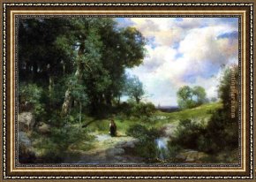 Young Girl Defending Herself Against Cupid Framed Paintings - Young Girl in a Long Island Landscape by Thomas Moran