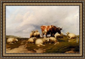 Cliffs Framed Paintings - A Cow And Sheep On The Cliffs by Thomas Sidney Cooper