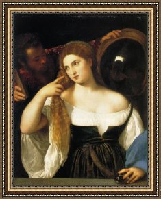 Old Woman at The Mirror Framed Paintings - woman with a mirror by Titian