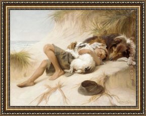 A Dog And Her Puppies Framed Paintings - Margaret Collyer Young Boy Asleep with Dogs by Unknown Artist
