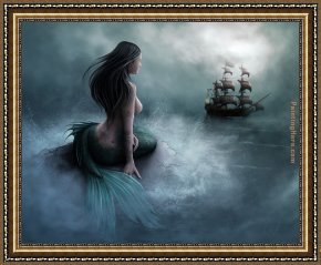 Unknown Artist Framed Paintings - Mermaid and pirate ship by Unknown Artist