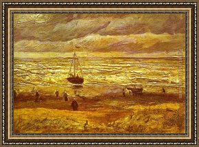 Puffins Over Sea Framed Paintings - Beach with Figures and Sea with a Ship by Vincent van Gogh