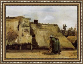 Cottage Stream Framed Paintings - Cottage with Woman Digging by Vincent van Gogh
