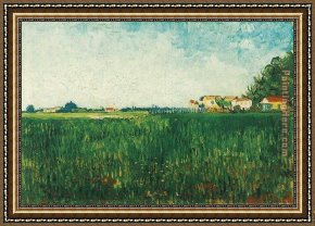 Arles Framed Paintings - Farmhouses in a Wheat Field Near Arles by Vincent van Gogh