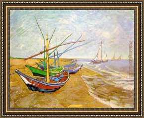Beach Skyline Framed Paintings - Fishing Boats on the Beach by Vincent van Gogh