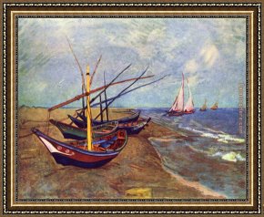 Vue De Saintes Maries 1888 Framed Paintings - Fishing Boats on the Beach at Saints-Maries by Vincent van Gogh