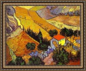 Houses in France Framed Paintings - Landscape with House and Laborer by Vincent van Gogh