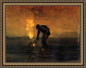 A Peasant Family Gathered Around The Kitchen Table Framed Paintings - Peasant Burning Weeds by Vincent van Gogh