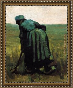 A Peasant Family Gathered Around The Kitchen Table Framed Paintings - Peasant Woman Digging by Vincent van Gogh