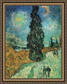 Under The Stars Framed Paintings - Road with Cypress and Star by Vincent van Gogh