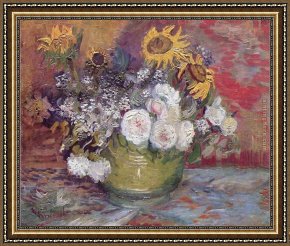 Two Roses on a Tablecloth Framed Paintings - Still life with roses and sunflowers by Vincent van Gogh