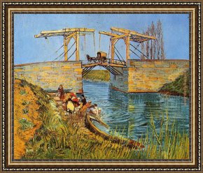 St Augustine Washing The Feet of Christ Framed Paintings - The Langlois Bridge at Arles with Women Washing by Vincent van Gogh