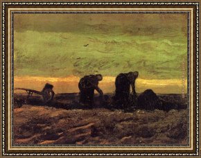 A Peasant Family Gathered Around The Kitchen Table Framed Paintings - Two Peasant Women in the Peat Fields by Vincent van Gogh