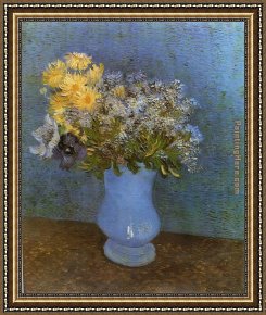 Lilac Framed Paintings - Vase with Lilacs Daisies and Anemomes by Vincent van Gogh