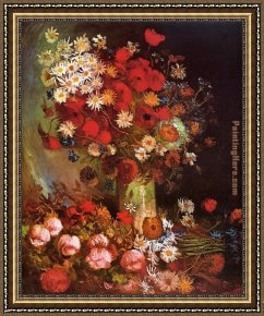 Bed of Chrysanthemums Framed Paintings - Vase with Poppies Cornflowers Peonies and Chrysanthemums by Vincent van Gogh